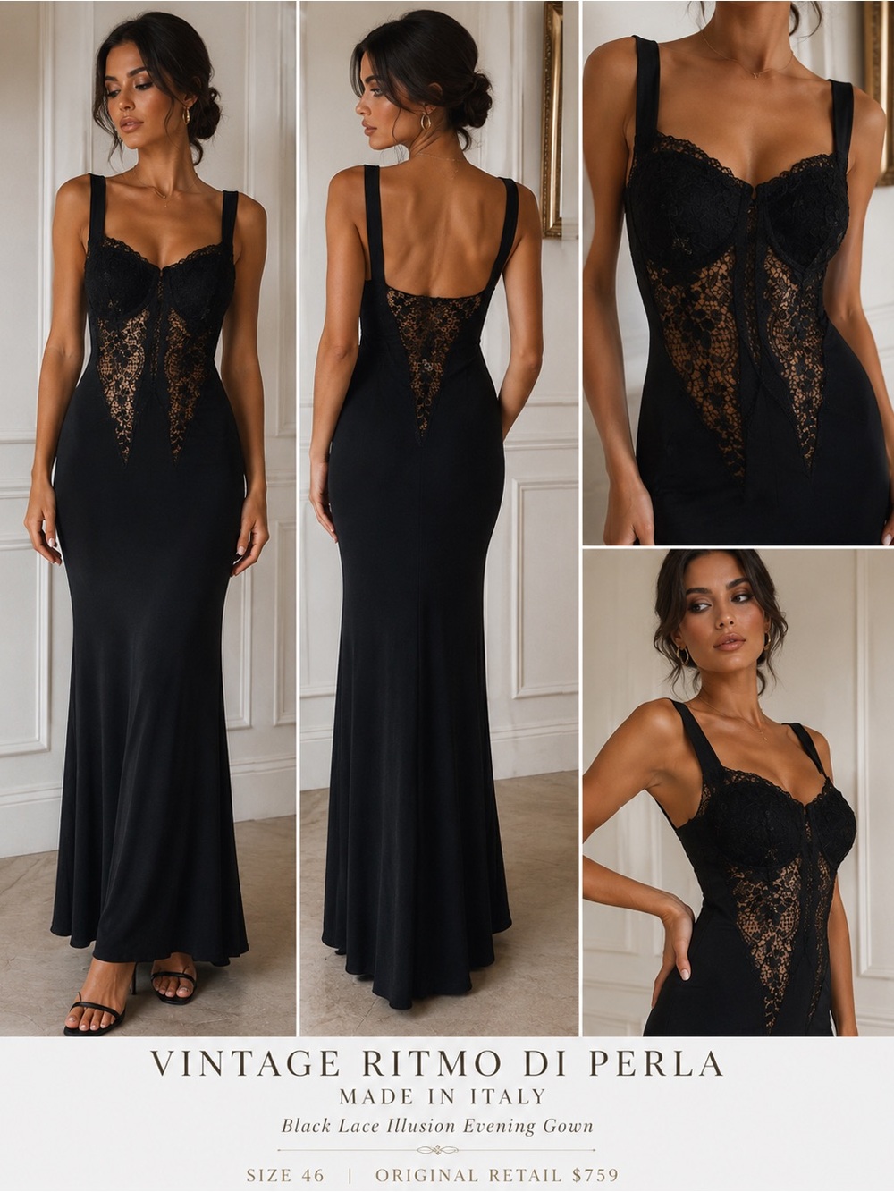 Vintage Ritmo Di Perla Italy Black Lace Illusion Evening Gown Dress Sz 46